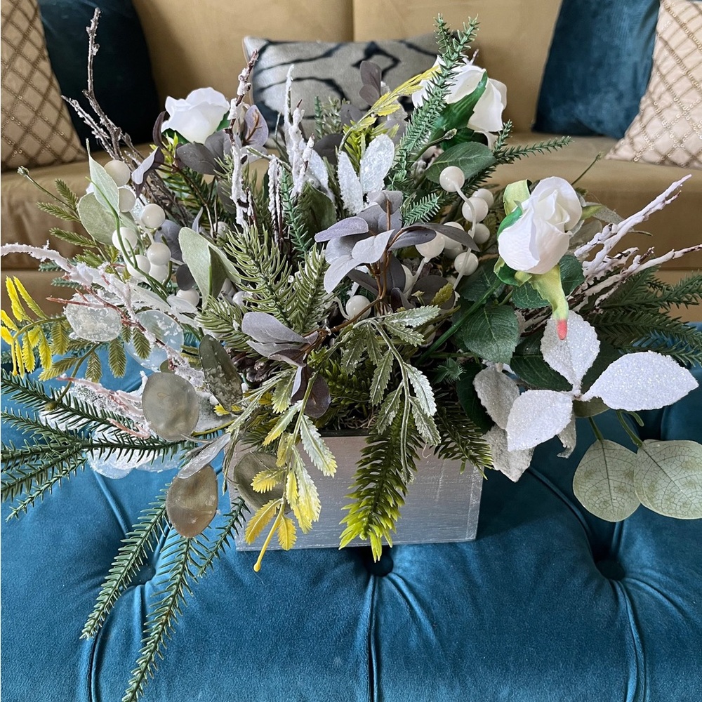 Handmade Rustic Christmas Winter Arrangement in Painted Wooden Box